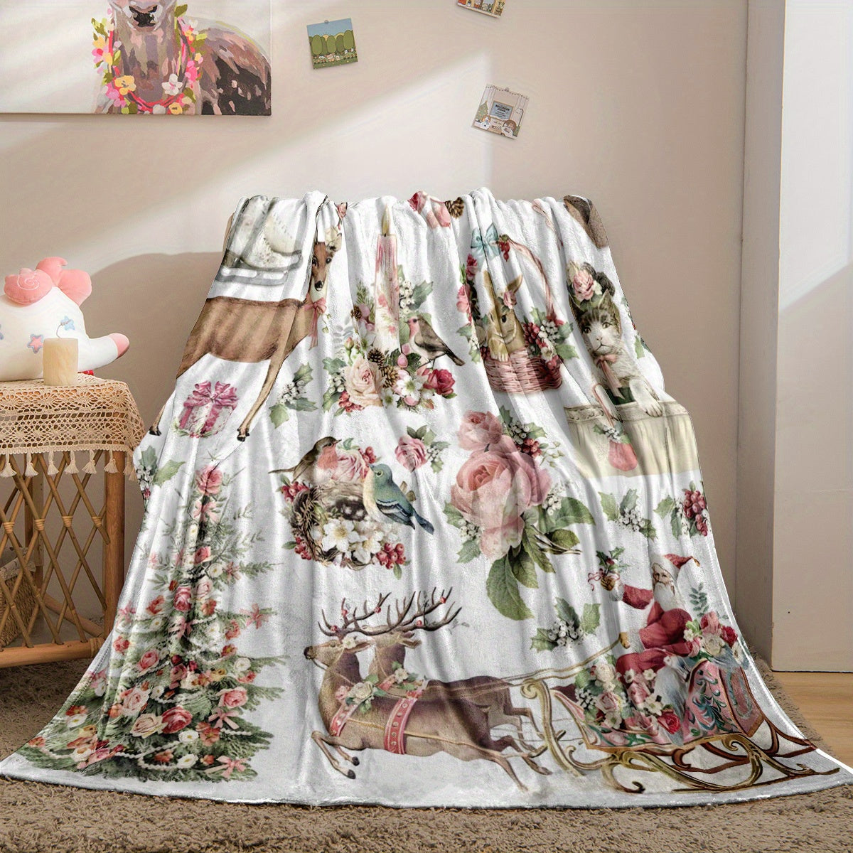 Stay cozy this Christmas season with our festive 1-piece Flannel Christmas Throw Blanket featuring Santa Claus, floral, and elk designs. This soft, warm, and cozy blanket is perfect for snuggling up on the sofa, bed, or office chair. With its