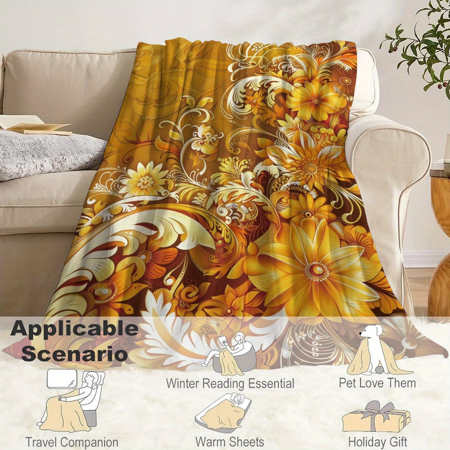 Stay snug with our Cozy Golden Flower Print Flannel Throw Blanket - Designed for ultimate comfort and warmth in any season - Ideal for home, work, or on the go - Easy to care for, makes a versatile gift option