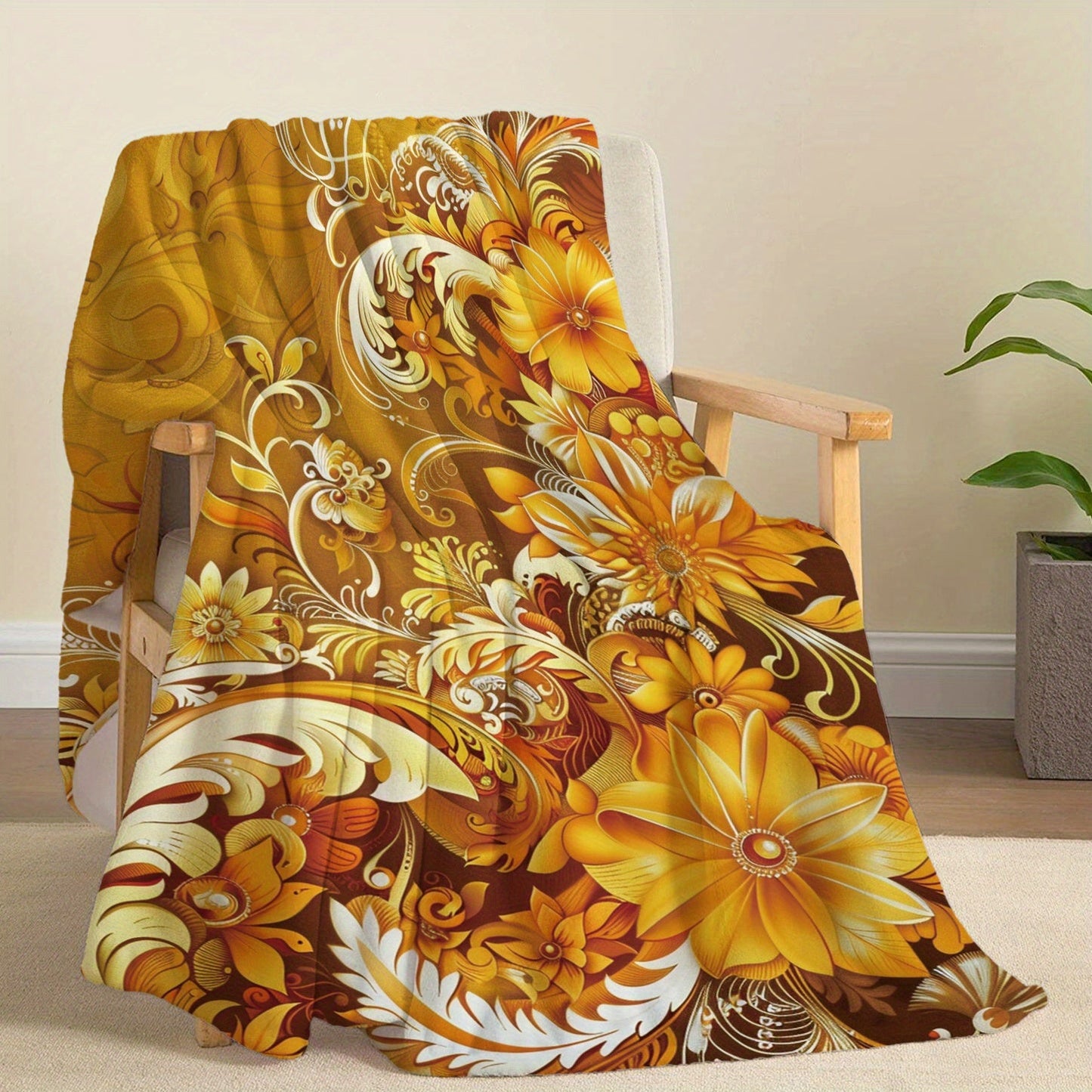 Stay snug with our Cozy Golden Flower Print Flannel Throw Blanket - Designed for ultimate comfort and warmth in any season - Ideal for home, work, or on the go - Easy to care for, makes a versatile gift option