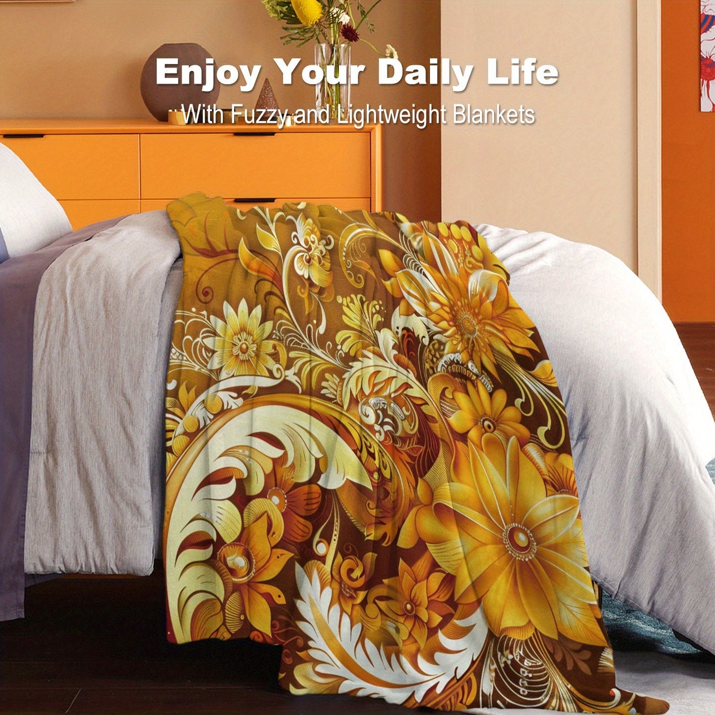 Stay snug with our Cozy Golden Flower Print Flannel Throw Blanket - Designed for ultimate comfort and warmth in any season - Ideal for home, work, or on the go - Easy to care for, makes a versatile gift option