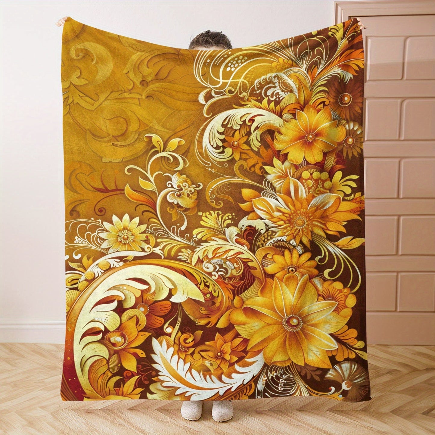 Stay snug with our Cozy Golden Flower Print Flannel Throw Blanket - Designed for ultimate comfort and warmth in any season - Ideal for home, work, or on the go - Easy to care for, makes a versatile gift option