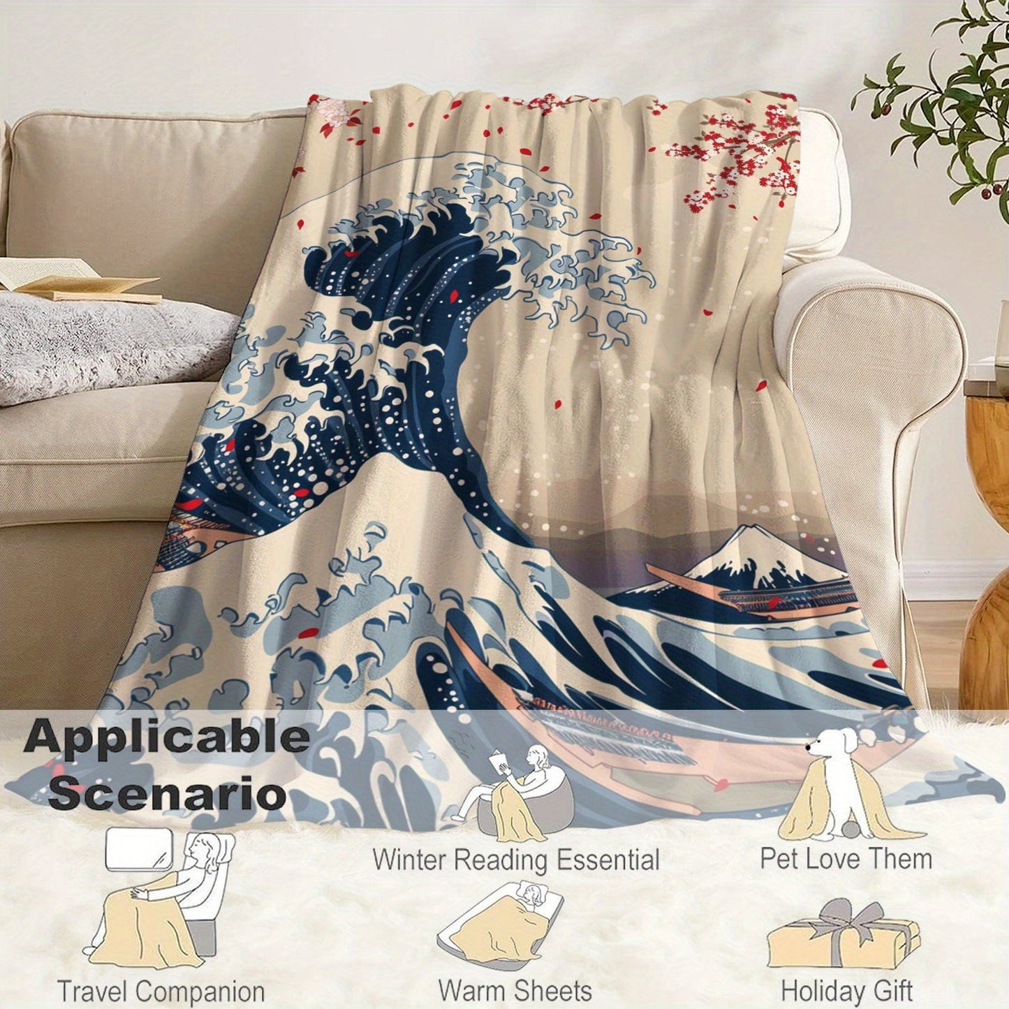 Soft, cozy, and lightweight Kanagawa Surf Print Flannel Throw Blanket is ideal for all seasons. Perfect for use on bed, sofa, office, camping, and travel.