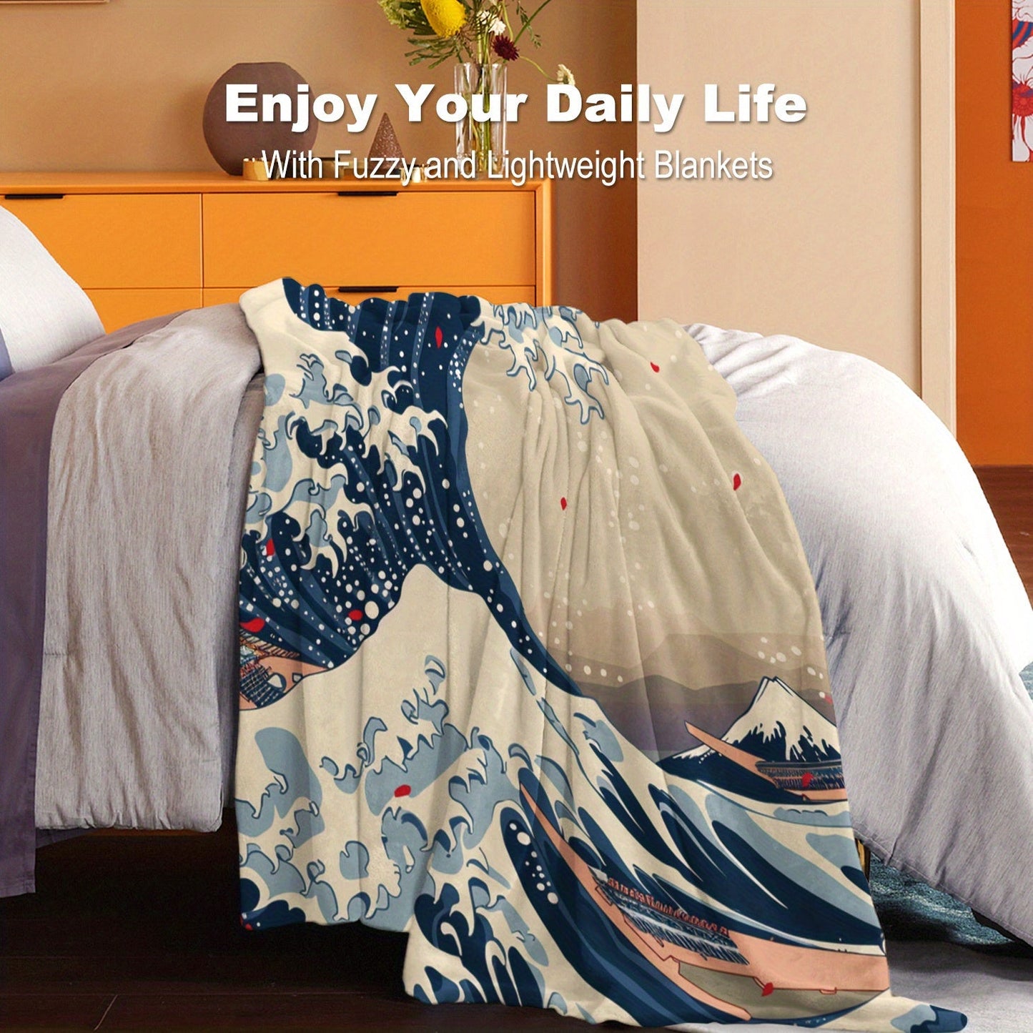 Soft, cozy, and lightweight Kanagawa Surf Print Flannel Throw Blanket is ideal for all seasons. Perfect for use on bed, sofa, office, camping, and travel.