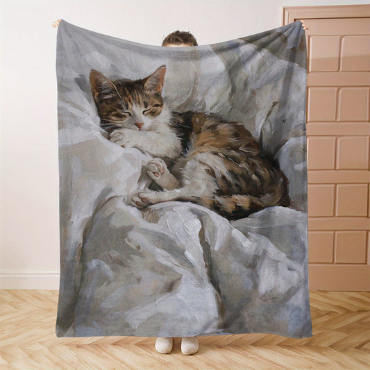 Soft and cozy Contemporary Sleeping Cat Print Flannel Blanket, perfect for bed, sofa, office, camping, and travel. Made of lightweight knitted polyester, it is machine washable and suitable for all seasons. Makes a great gift option too!