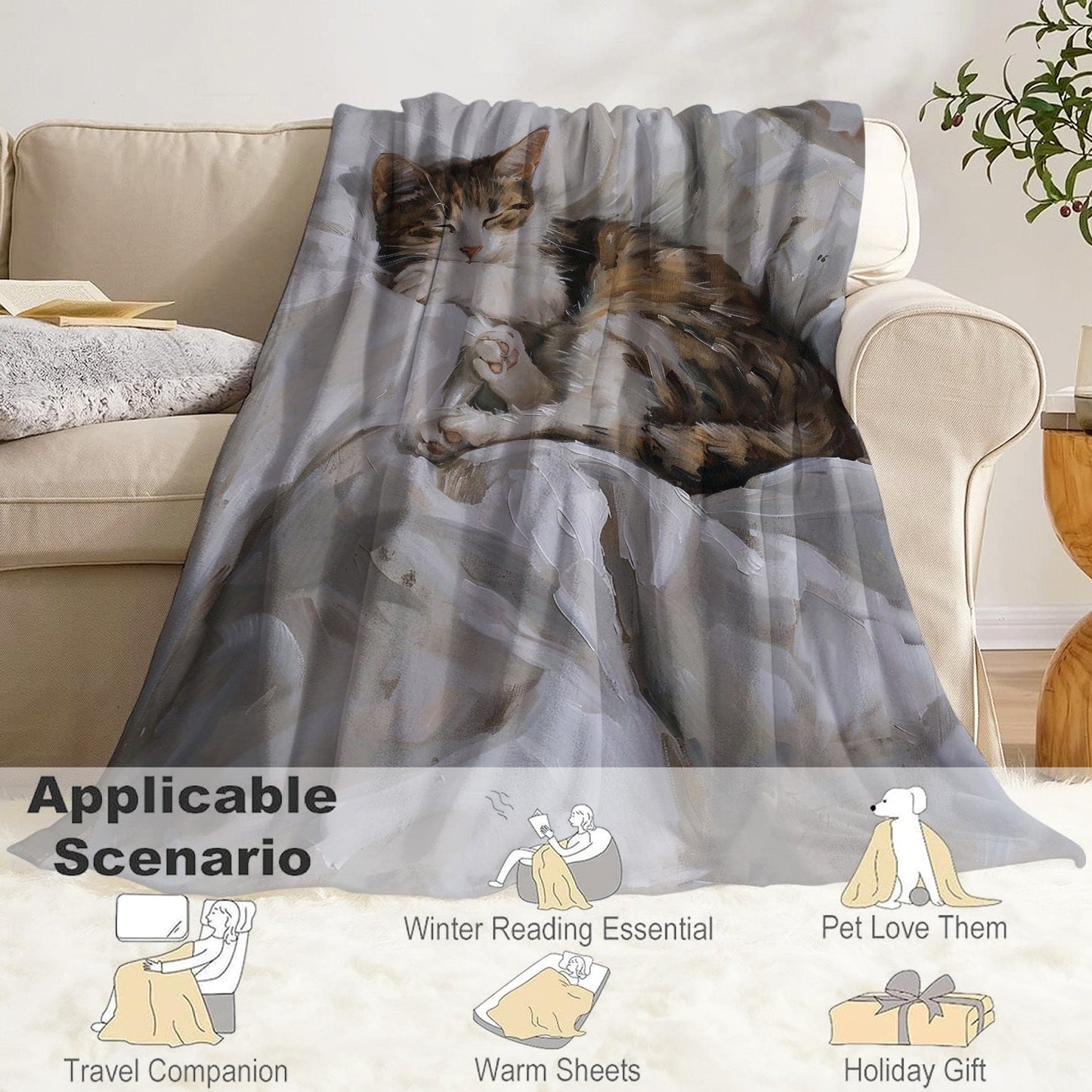 Soft and cozy Contemporary Sleeping Cat Print Flannel Blanket, perfect for bed, sofa, office, camping, and travel. Made of lightweight knitted polyester, it is machine washable and suitable for all seasons. Makes a great gift option too!