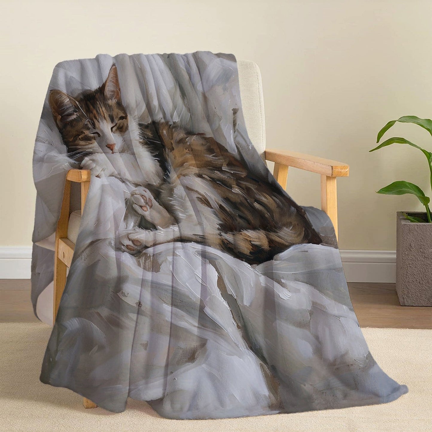 Soft and cozy Contemporary Sleeping Cat Print Flannel Blanket, perfect for bed, sofa, office, camping, and travel. Made of lightweight knitted polyester, it is machine washable and suitable for all seasons. Makes a great gift option too!