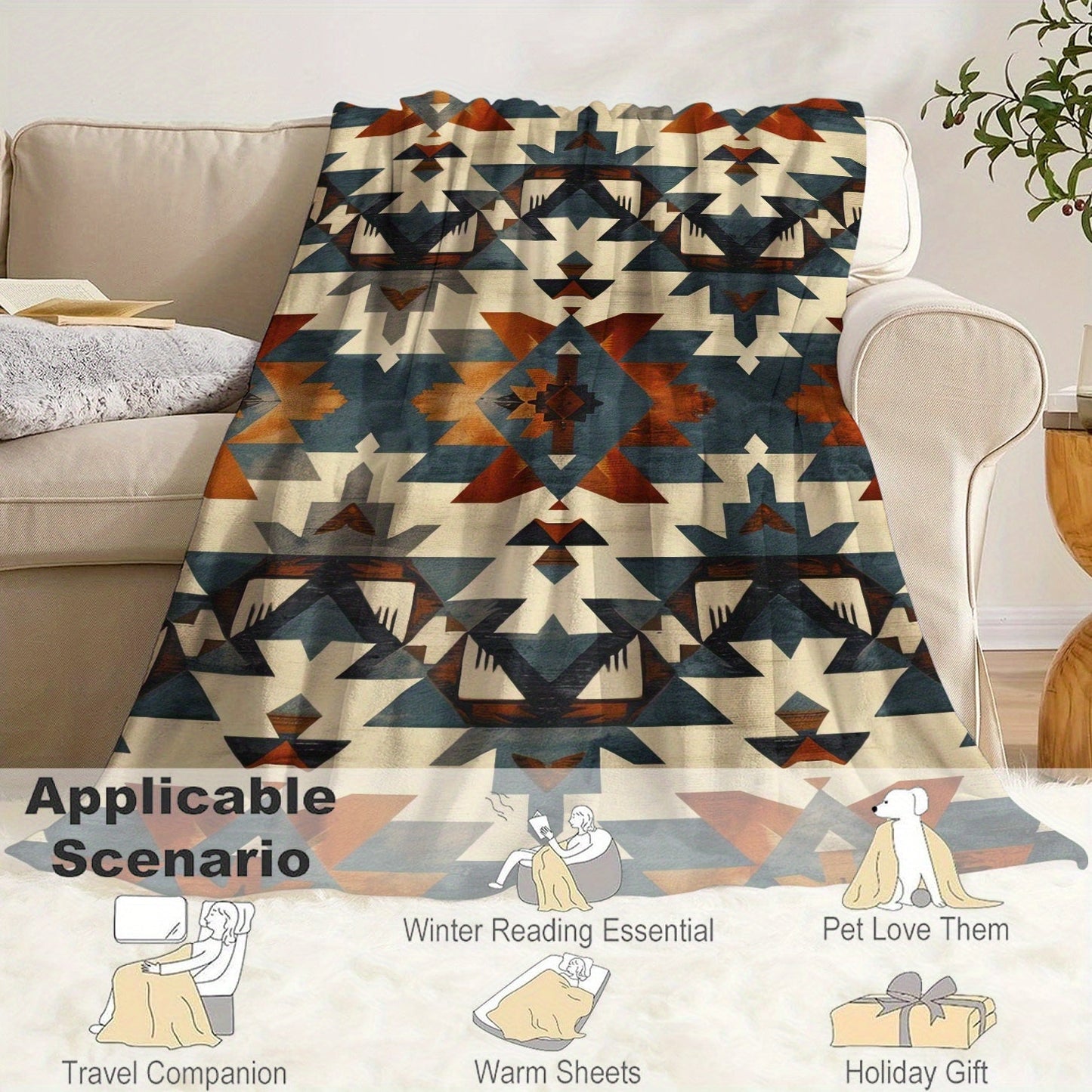 Soft and cozy Aztec-inspired digital print flannel blanket for bed, sofa, and travel. This lightweight, all-season blanket offers warmth, is machine washable, and made of 100% polyester with a contemporary style and no embellishment.