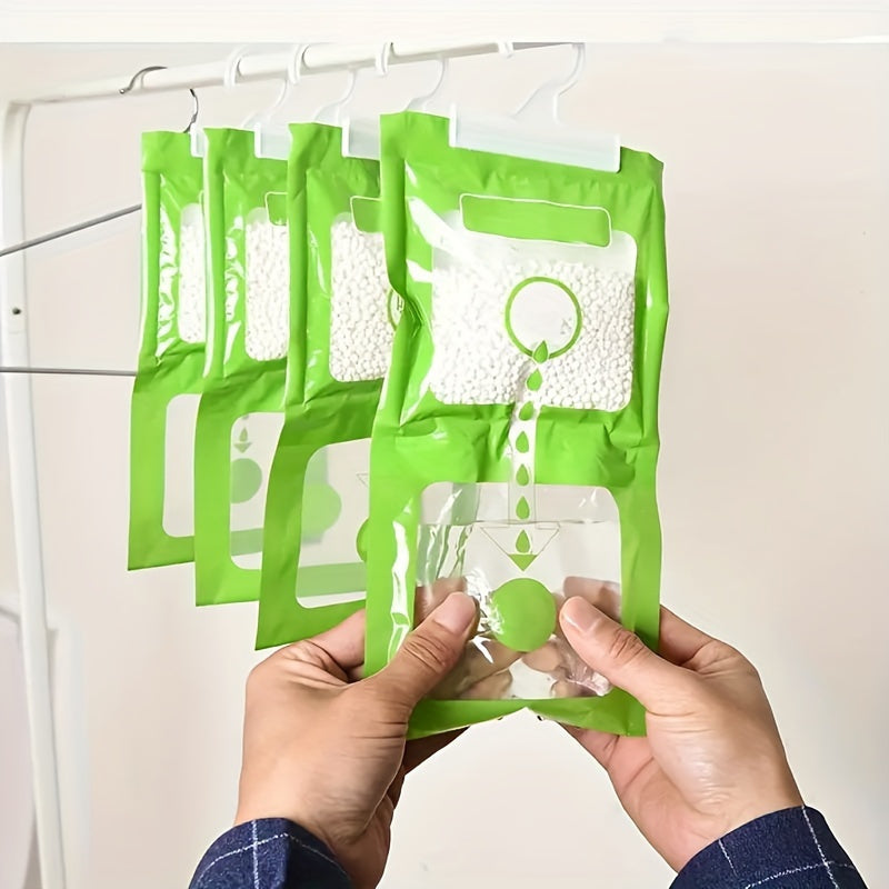 4 hanging dehumidifier bags for wardrobes, closets and homes, non-toxic with odor eliminating properties.