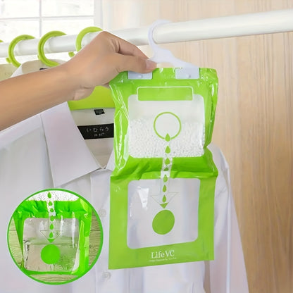 4 hanging dehumidifier bags for wardrobes, closets and homes, non-toxic with odor eliminating properties.