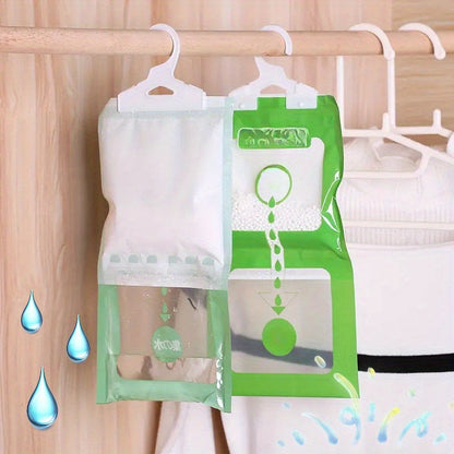 4 hanging dehumidifier bags for wardrobes, closets and homes, non-toxic with odor eliminating properties.