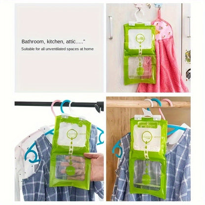 4 hanging dehumidifier bags for wardrobes, closets and homes, non-toxic with odor eliminating properties.