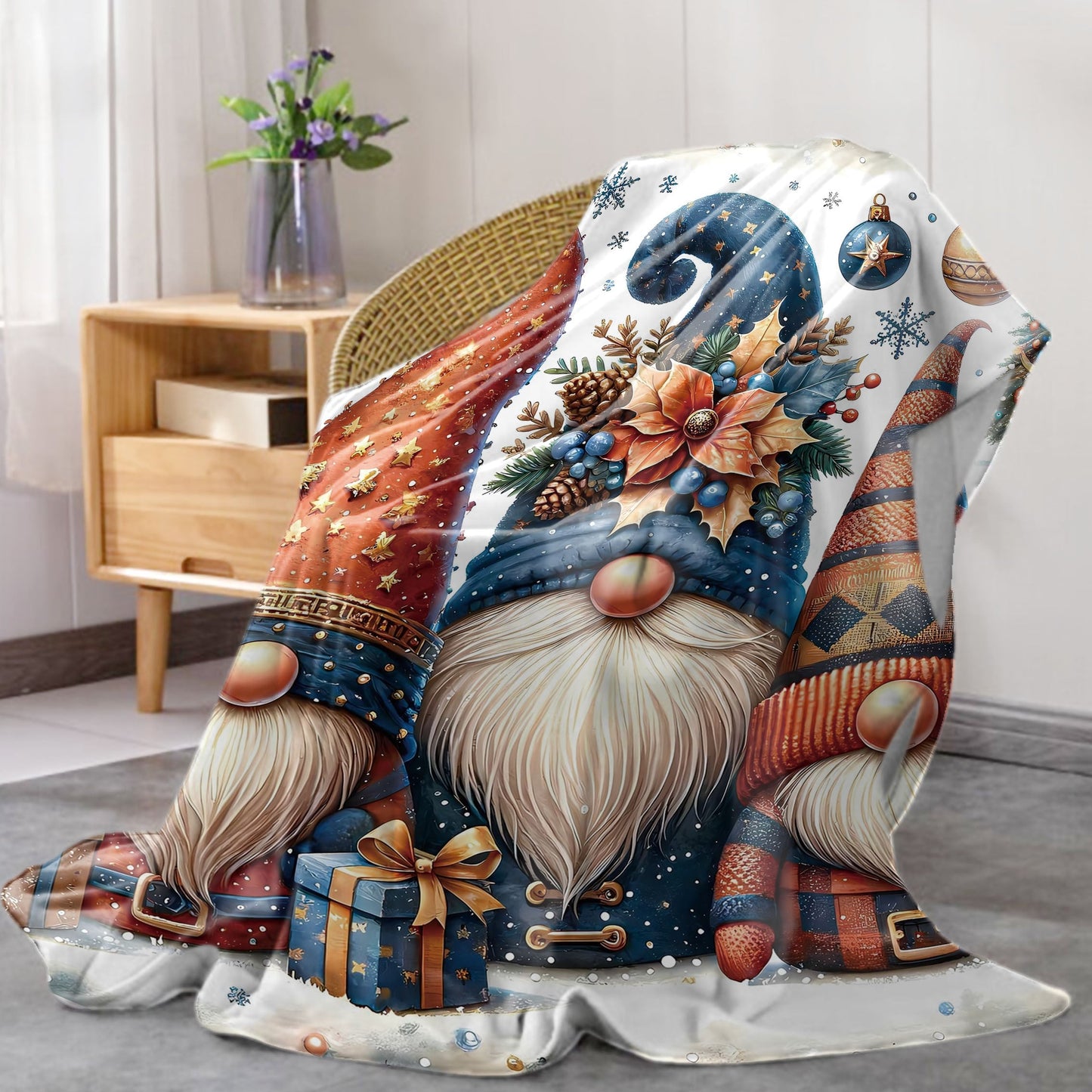 Cozy up with our Christmas Gnomes Print Flannel Throw Blanket! This soft and inviting blanket is perfect for adding a touch of festive charm to your bed, sofa, office, or camping adventures. Made from mid-century style polyester knitted fabric, this