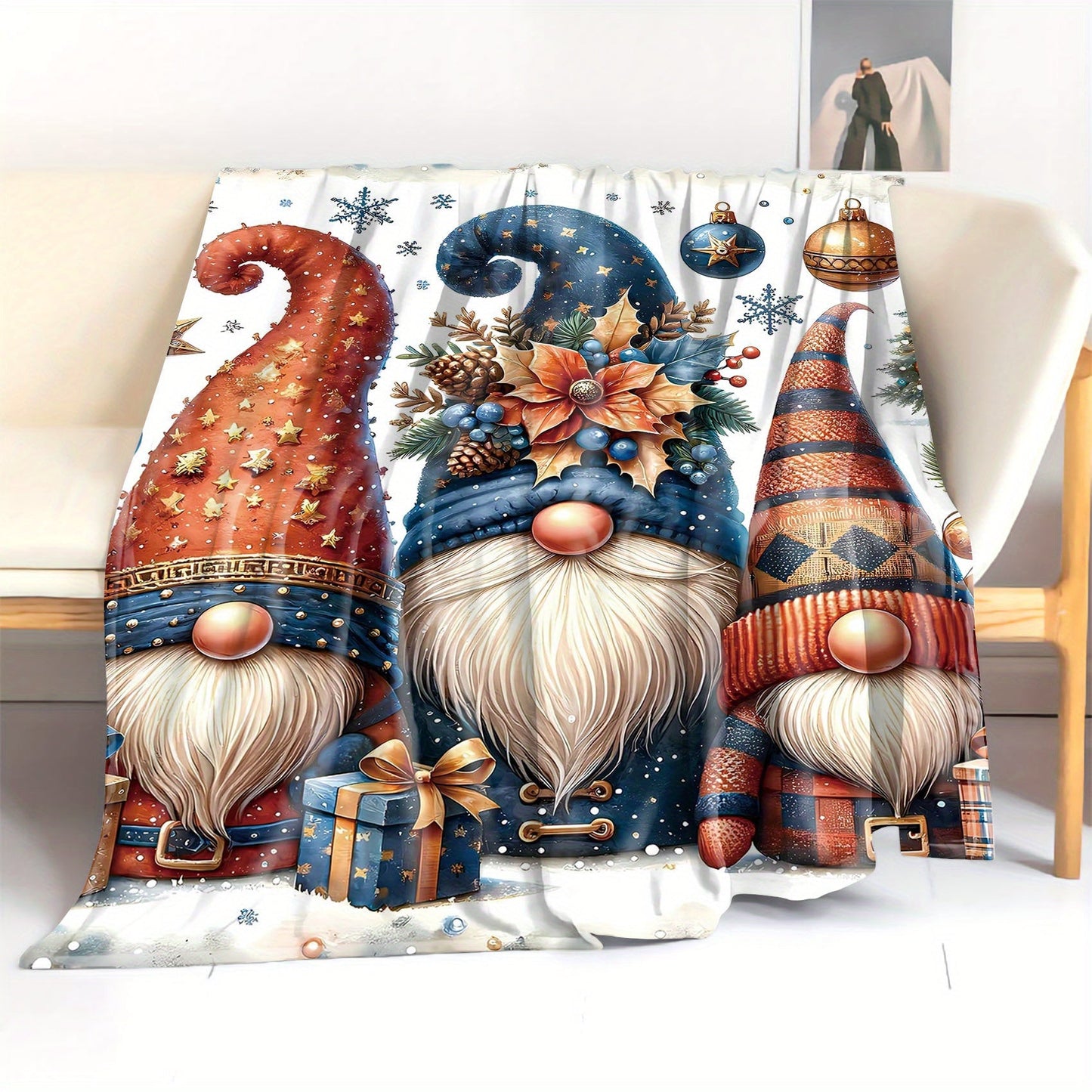 Cozy up with our Christmas Gnomes Print Flannel Throw Blanket! This soft and inviting blanket is perfect for adding a touch of festive charm to your bed, sofa, office, or camping adventures. Made from mid-century style polyester knitted fabric, this