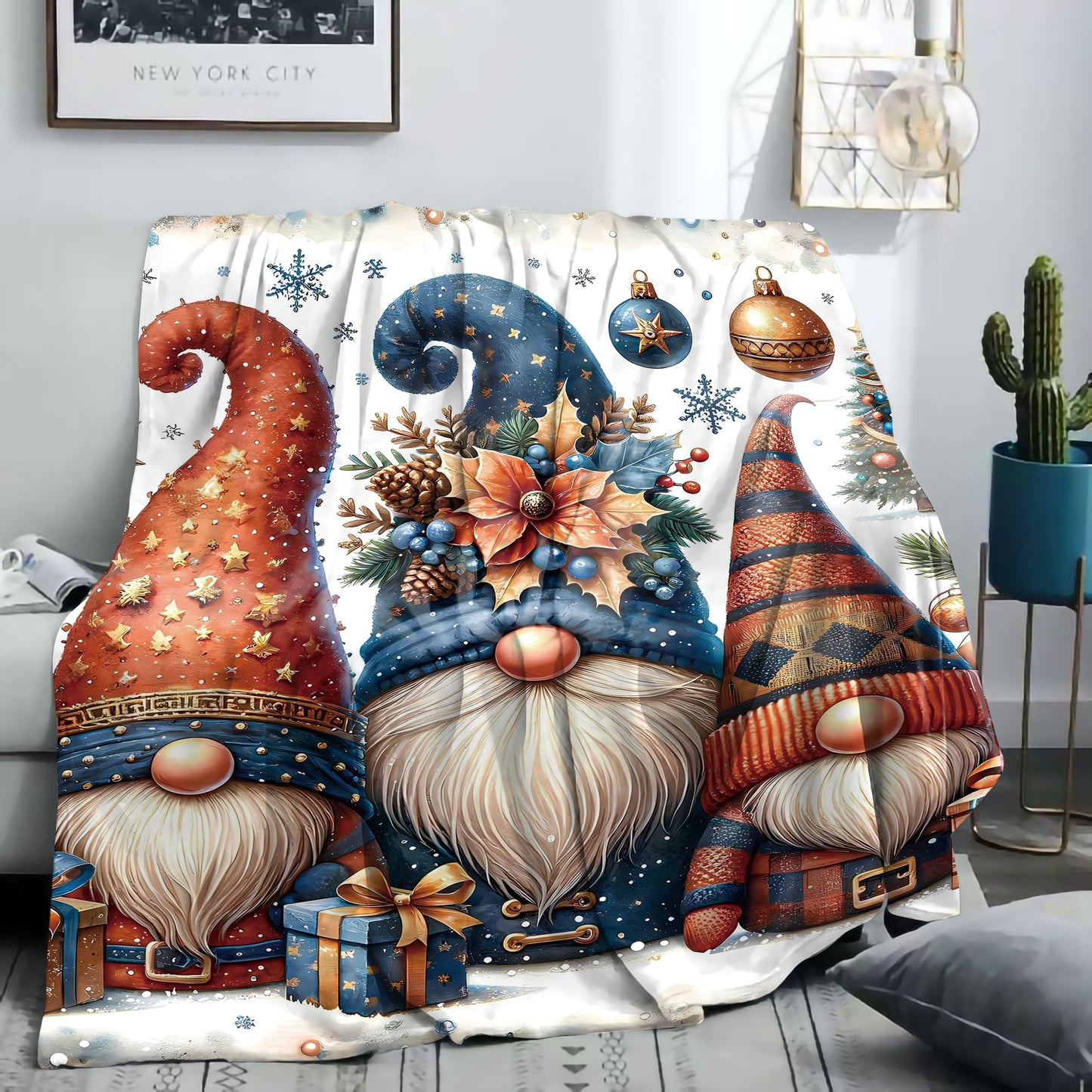 Cozy up with our Christmas Gnomes Print Flannel Throw Blanket! This soft and inviting blanket is perfect for adding a touch of festive charm to your bed, sofa, office, or camping adventures. Made from mid-century style polyester knitted fabric, this