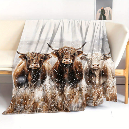 Mid-Century Style Highland Cows Print Flannel Throw Blanket - Soft Polyester Knit, Cozy All-Season Sofa and Bed Cover, Watercolor Animal Design, Lightweight Warmth 200-250g