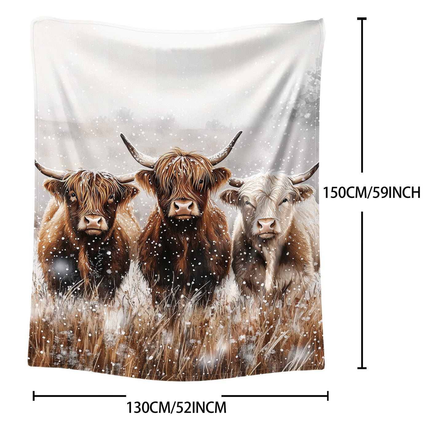 Mid-Century Style Highland Cows Print Flannel Throw Blanket - Soft Polyester Knit, Cozy All-Season Sofa and Bed Cover, Watercolor Animal Design, Lightweight Warmth 200-250g