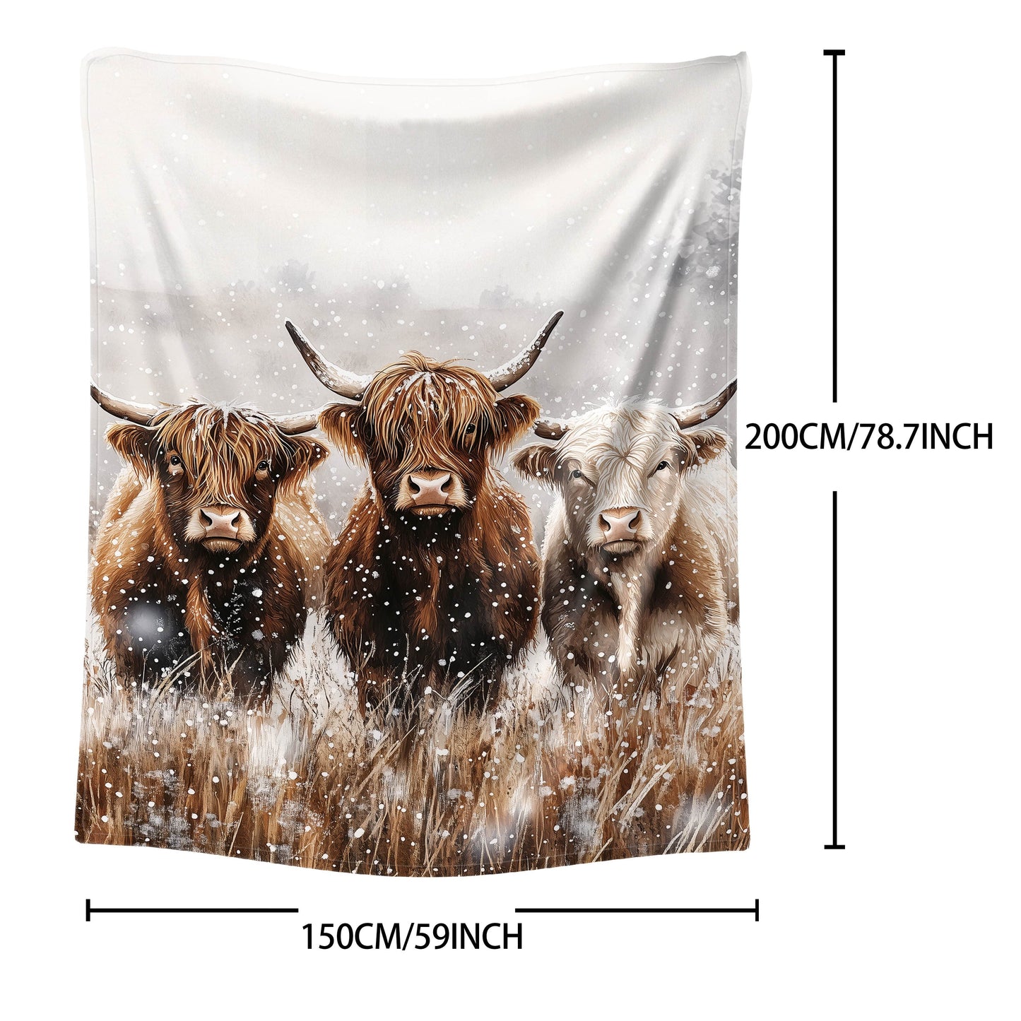 Mid-Century Style Highland Cows Print Flannel Throw Blanket - Soft Polyester Knit, Cozy All-Season Sofa and Bed Cover, Watercolor Animal Design, Lightweight Warmth 200-250g