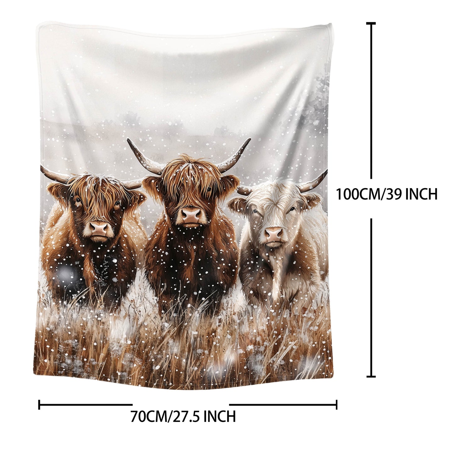 Mid-Century Style Highland Cows Print Flannel Throw Blanket - Soft Polyester Knit, Cozy All-Season Sofa and Bed Cover, Watercolor Animal Design, Lightweight Warmth 200-250g