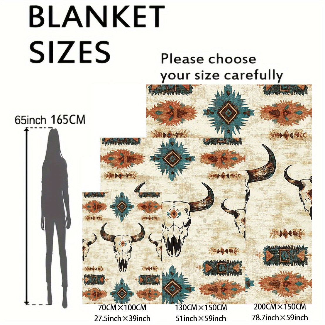 Soft knitted polyester throw blanket with a Western cow skull print. Perfect for bed, sofa, office, or camping. Suitable for all seasons with a mid-century style. Lightweight fabric weighing 200-250g. Features a digital print with no embellishments.