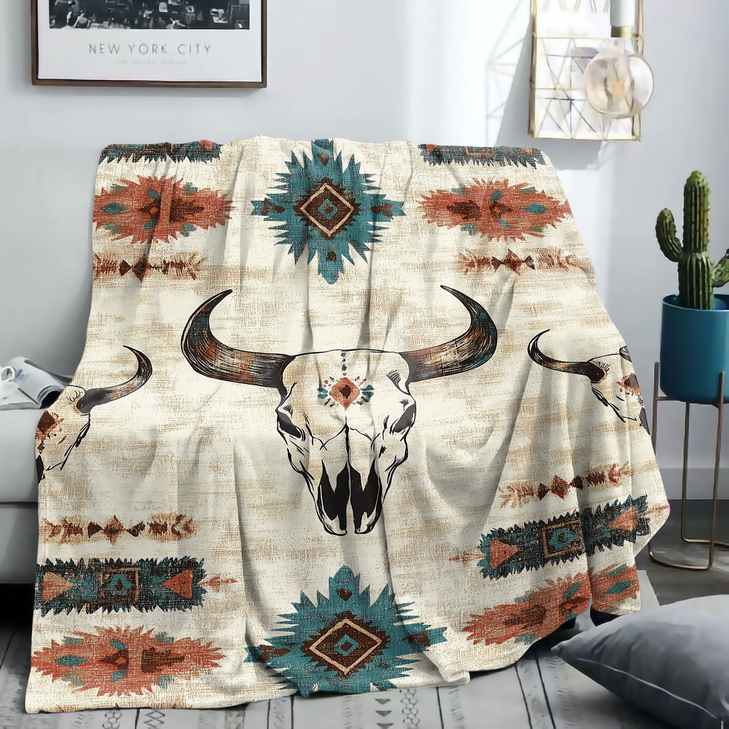 Soft knitted polyester throw blanket with a Western cow skull print. Perfect for bed, sofa, office, or camping. Suitable for all seasons with a mid-century style. Lightweight fabric weighing 200-250g. Features a digital print with no embellishments.