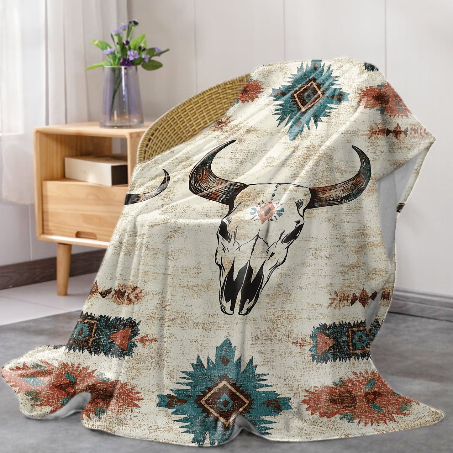 Soft knitted polyester throw blanket with a Western cow skull print. Perfect for bed, sofa, office, or camping. Suitable for all seasons with a mid-century style. Lightweight fabric weighing 200-250g. Features a digital print with no embellishments.