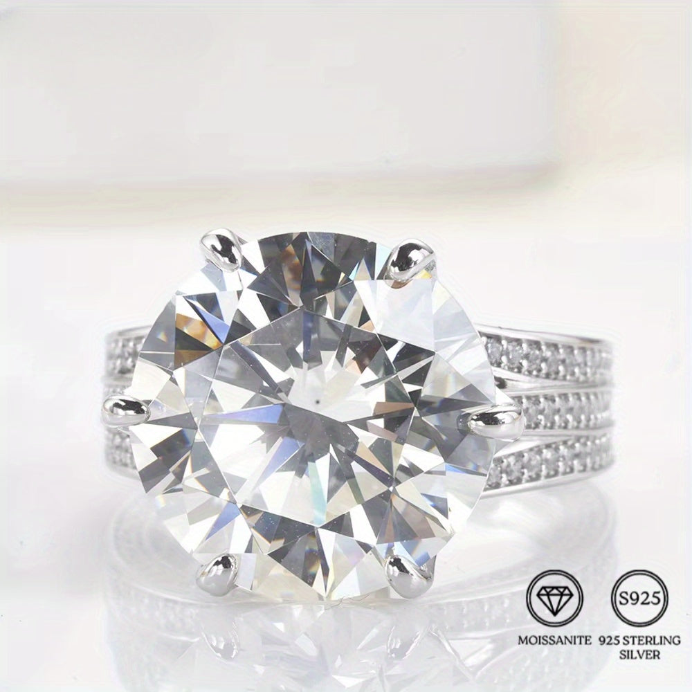 This elegant and trendy jewelry piece features a 10 carat round cut Moissanite stone set in 6.7g of sterling silver. Hypoallergenic and perfect for a Christmas or birthday gift, this Moissanite ring is designed for durability and style. With its elegant