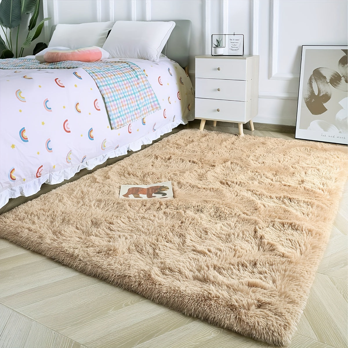 Plush Bedroom Bedside Mat - Soft and Cozy Long-Haired Polyester Floor Mat in Cream & Beige - Perfect for Bedroom, Living Room, and Coffee Table Decor - Dry Clean Only, Bedroom Rugs