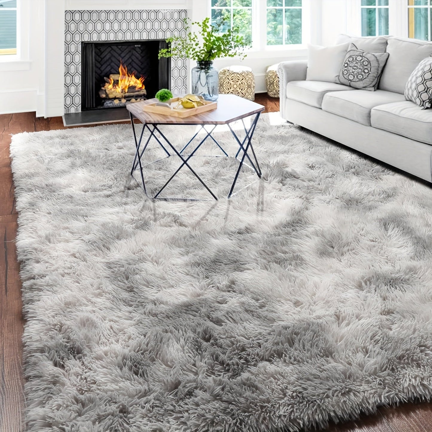 Luxurious 1pc Nordic Style Tie-Dye Mat in Grey and White, Soft Plush Shaggy Mat for Living Room or Bedroom. Dry clean only. Perfect for Home Decor and Room Accent, Ideal Rugs for Living Room.