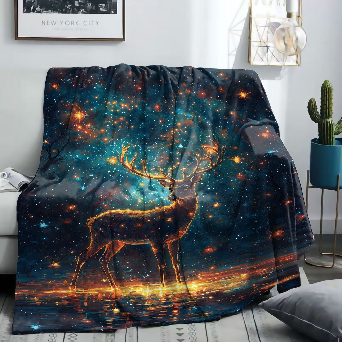 Soft and cozy, the Starry Sky Deer Print Flannel Blanket is the perfect throw for your bed, sofa, office, or camping trips. This all-seasons blanket features a stylish mid-century design and is made from comfortable polyester knit material with a digital