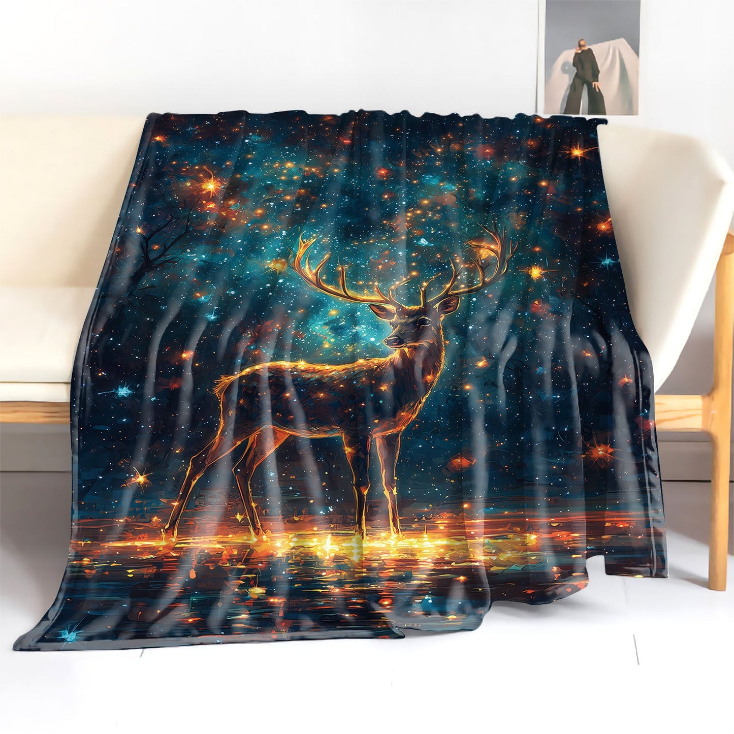 Soft and cozy, the Starry Sky Deer Print Flannel Blanket is the perfect throw for your bed, sofa, office, or camping trips. This all-seasons blanket features a stylish mid-century design and is made from comfortable polyester knit material with a digital