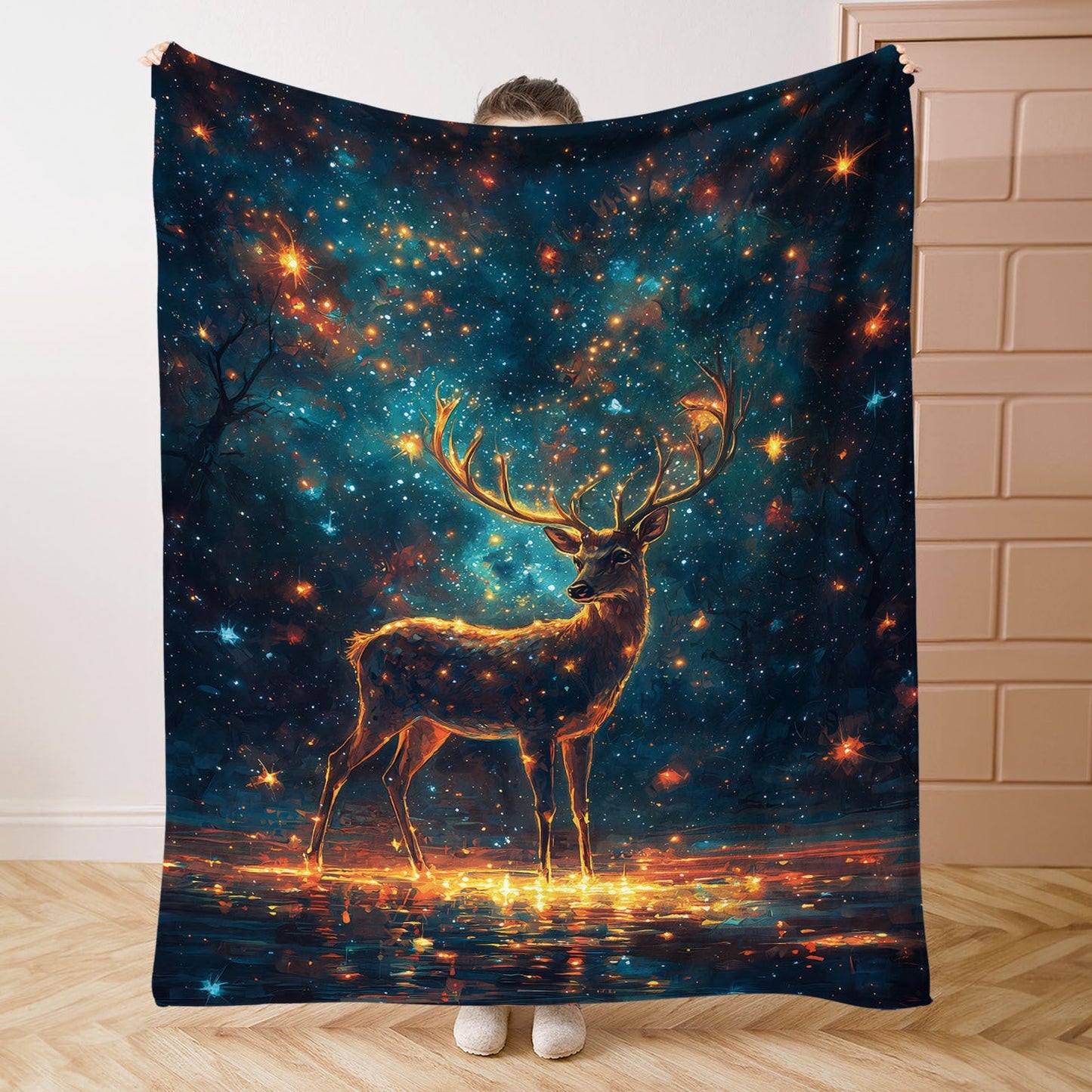 Soft and cozy, the Starry Sky Deer Print Flannel Blanket is the perfect throw for your bed, sofa, office, or camping trips. This all-seasons blanket features a stylish mid-century design and is made from comfortable polyester knit material with a digital