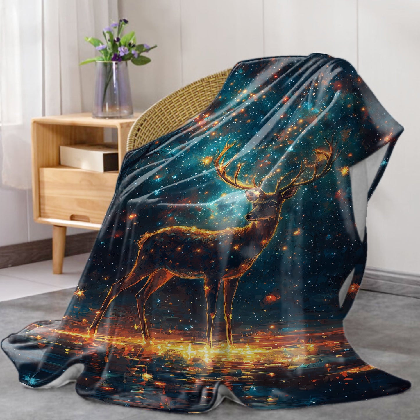 Soft and cozy, the Starry Sky Deer Print Flannel Blanket is the perfect throw for your bed, sofa, office, or camping trips. This all-seasons blanket features a stylish mid-century design and is made from comfortable polyester knit material with a digital