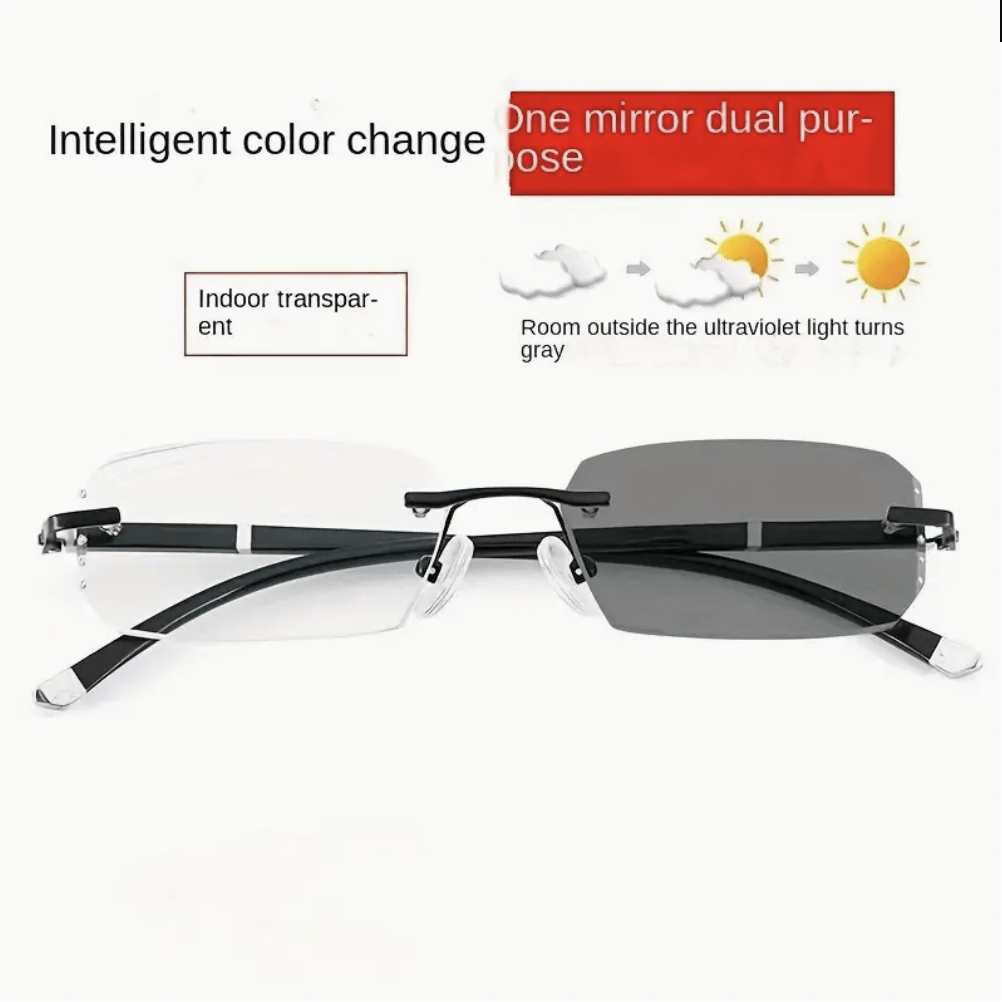 Frameless rhinestone photochromic glasses with anti-blue light protection and color-changing design for daily wear, parties, and gifts.