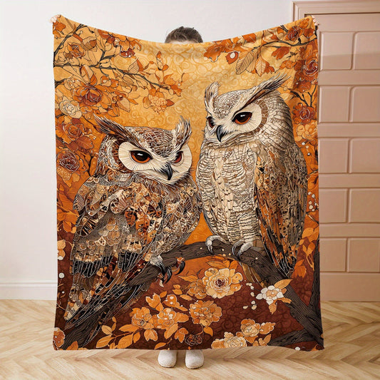 Mystic Floral Owls Animal Print Flannel Blanket - Perfect for Bed, Sofa, Office, Camping - Mid-Century Style - Soft Polyester Throw - Lightweight 200-250g Square - Mixed Colors - Digital Print Design - Knit Weave - All-Season Use