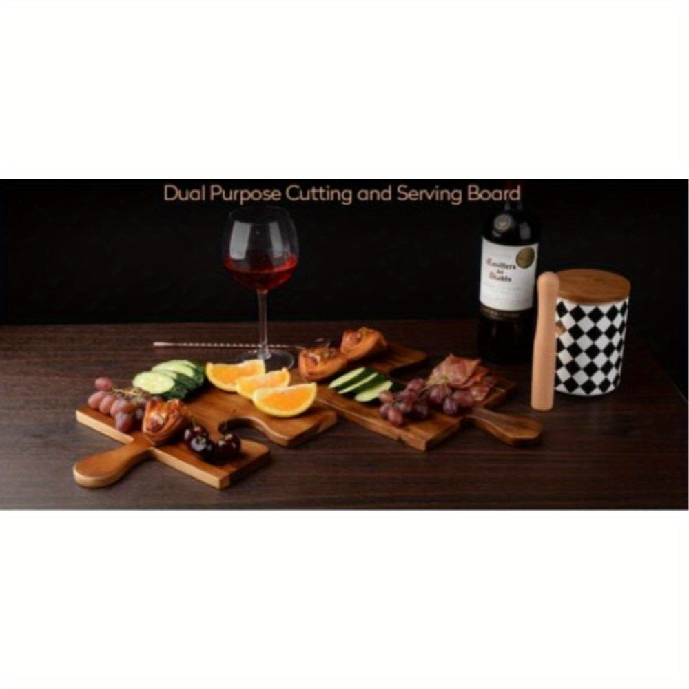 Set of four Acacia Wood Charcuterie Boards featuring unique Puzzle Handles - Ideal size for serving large amounts of cheese, deli meats, and other foods - Crafted from food-safe wood for kitchen use.