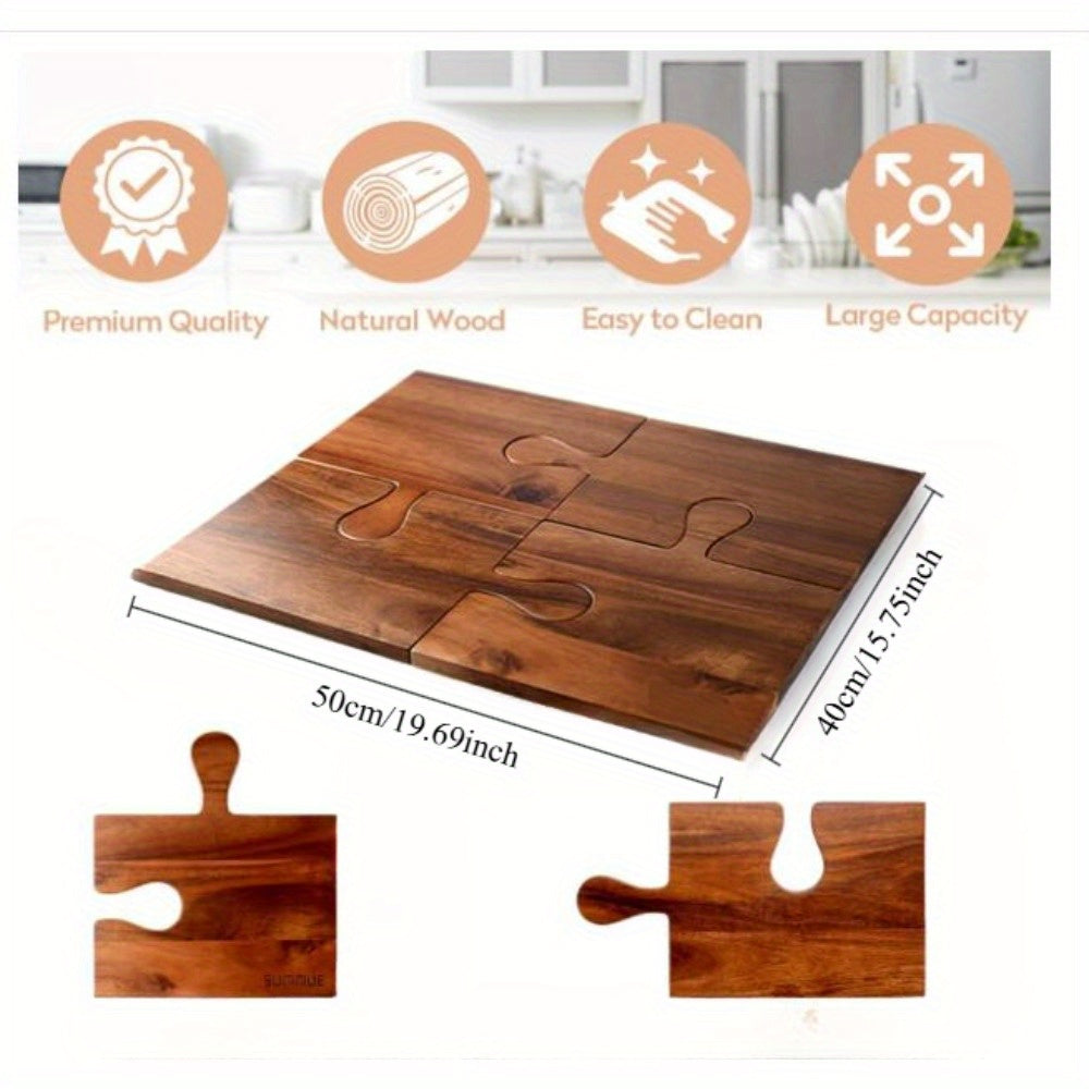 Set of four Acacia Wood Charcuterie Boards featuring unique Puzzle Handles - Ideal size for serving large amounts of cheese, deli meats, and other foods - Crafted from food-safe wood for kitchen use.