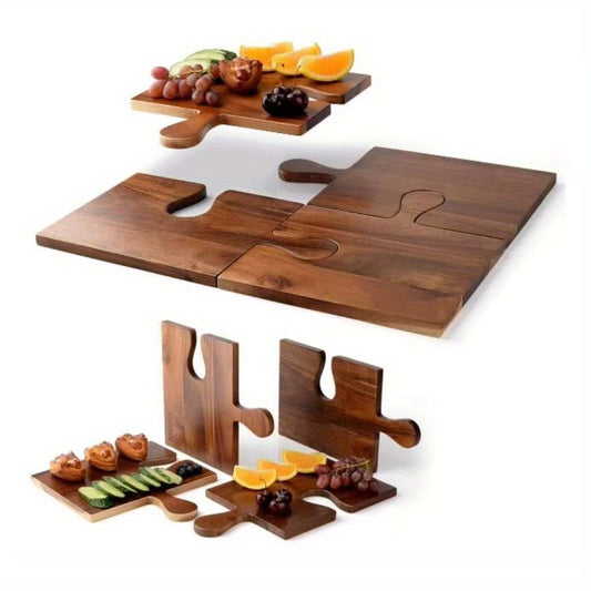 Set of four Acacia Wood Charcuterie Boards featuring unique Puzzle Handles - Ideal size for serving large amounts of cheese, deli meats, and other foods - Crafted from food-safe wood for kitchen use.