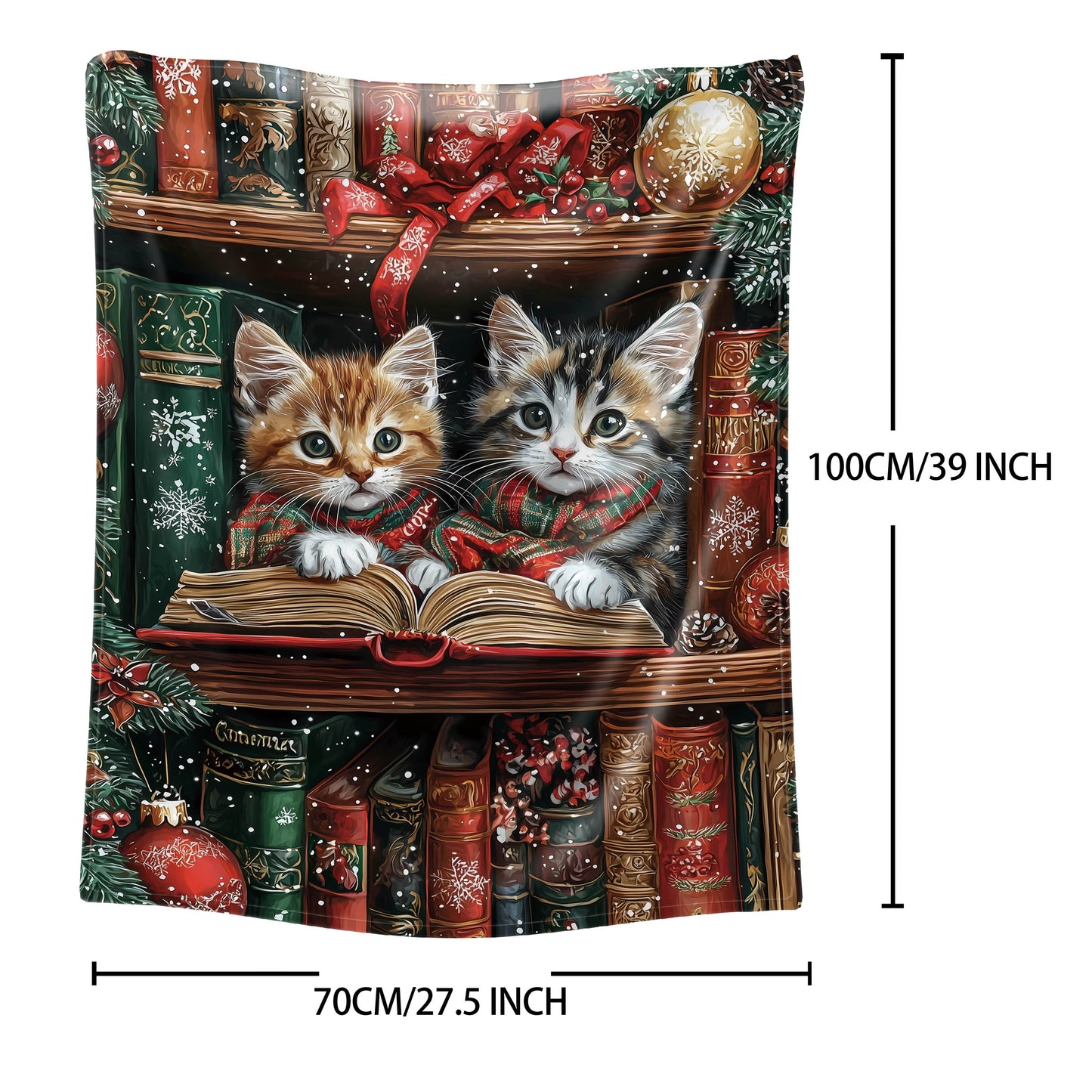 One piece of a mid-century style flannel blanket featuring Christmas kittens reading on a shelf. This soft knit throw weighs 200-250g and is digitally printed. Perfect for use on a bed, sofa, office, or while camping, this all-season blanket has a