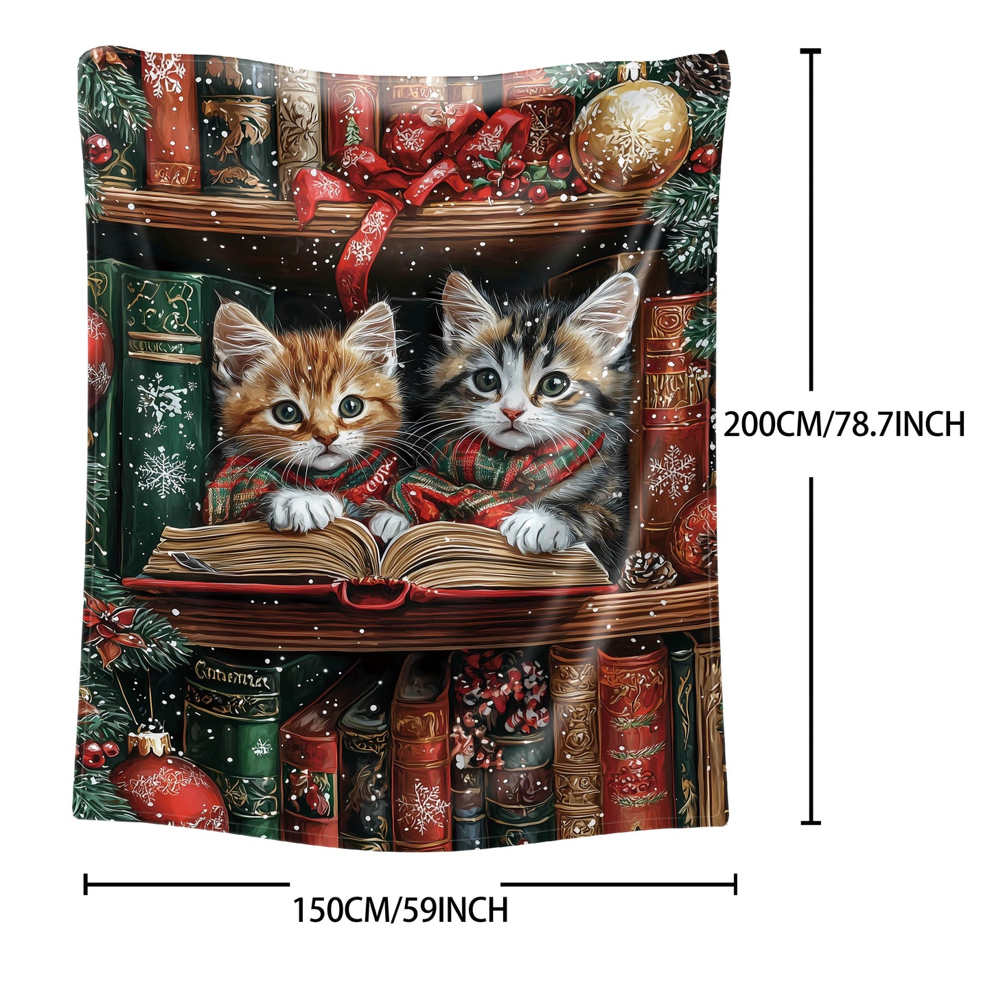 One piece of a mid-century style flannel blanket featuring Christmas kittens reading on a shelf. This soft knit throw weighs 200-250g and is digitally printed. Perfect for use on a bed, sofa, office, or while camping, this all-season blanket has a