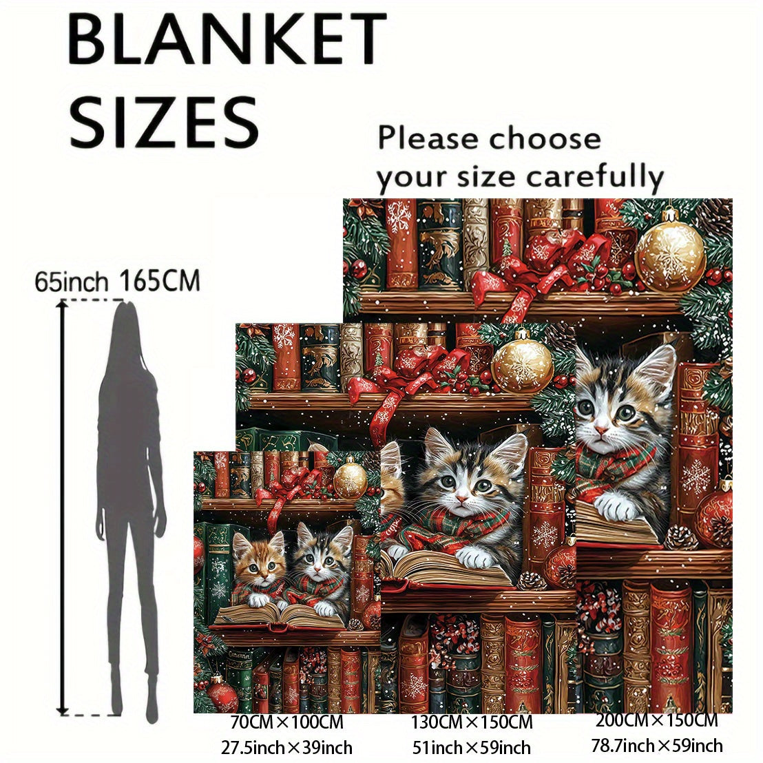 One piece of a mid-century style flannel blanket featuring Christmas kittens reading on a shelf. This soft knit throw weighs 200-250g and is digitally printed. Perfect for use on a bed, sofa, office, or while camping, this all-season blanket has a