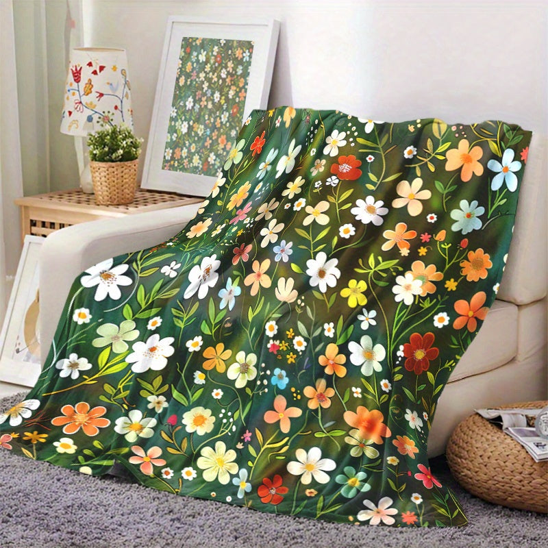 1 piece of Fashion Floral Print Blanket made from soft & warm knitted polyester fleece. Features digital print, envelope stitch, all-season use, multi-purpose functionality, and can be machine washed. Perfect for naps, camping, travel, car rides, office