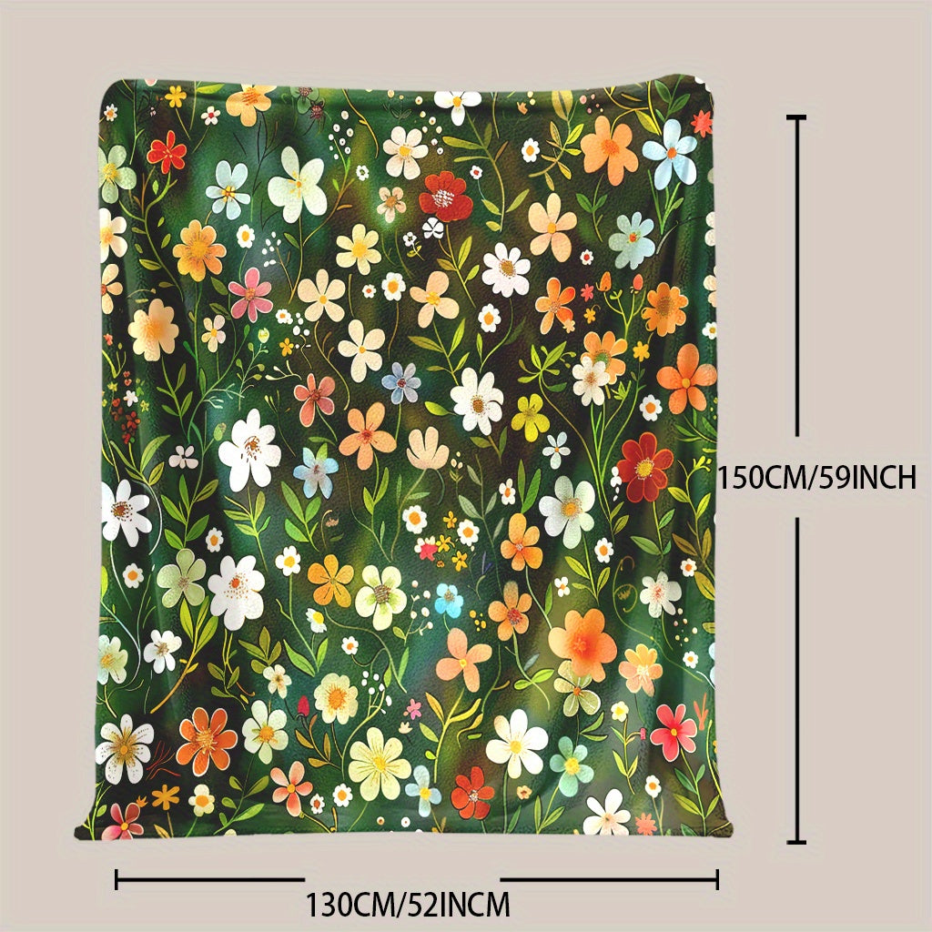 1 piece of Fashion Floral Print Blanket made from soft & warm knitted polyester fleece. Features digital print, envelope stitch, all-season use, multi-purpose functionality, and can be machine washed. Perfect for naps, camping, travel, car rides, office