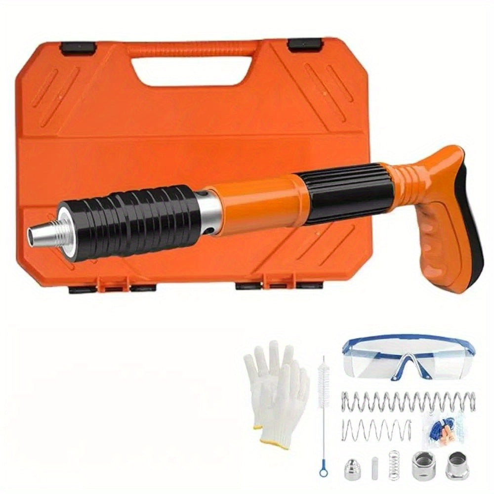 Mini steel nail gun kit with 5-speed adjustable manual operation for woodworking and decor, includes air-powered concrete nailer for brick and cement walls.