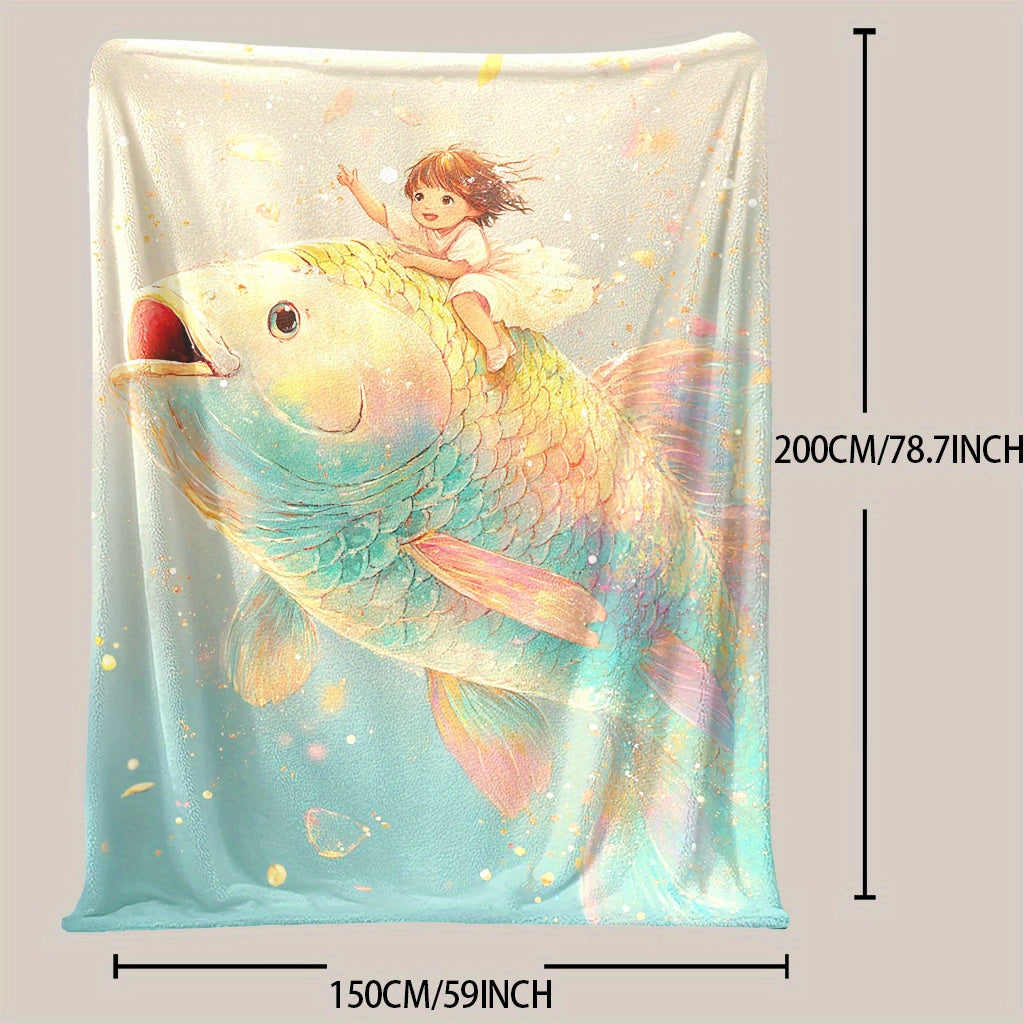 One piece of a fantasy themed fleece blanket featuring a digital print with mixed colors. The design showcases an enchanted little girl and goldfish. Made from knitted polyester, this blanket is soft and warm, suitable for all seasons. It is versatile