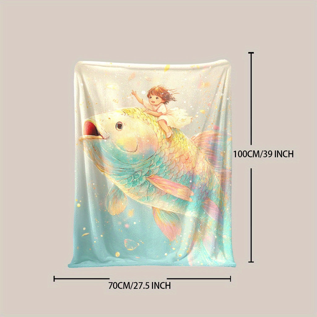 One piece of a fantasy themed fleece blanket featuring a digital print with mixed colors. The design showcases an enchanted little girl and goldfish. Made from knitted polyester, this blanket is soft and warm, suitable for all seasons. It is versatile