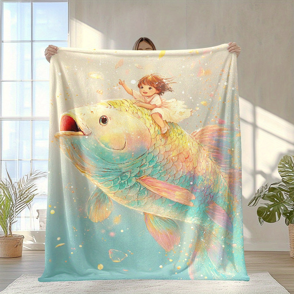 One piece of a fantasy themed fleece blanket featuring a digital print with mixed colors. The design showcases an enchanted little girl and goldfish. Made from knitted polyester, this blanket is soft and warm, suitable for all seasons. It is versatile