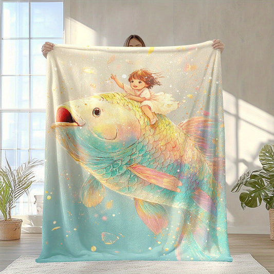 One piece of a fantasy themed fleece blanket featuring a digital print with mixed colors. The design showcases an enchanted little girl and goldfish. Made from knitted polyester, this blanket is soft and warm, suitable for all seasons. It is versatile