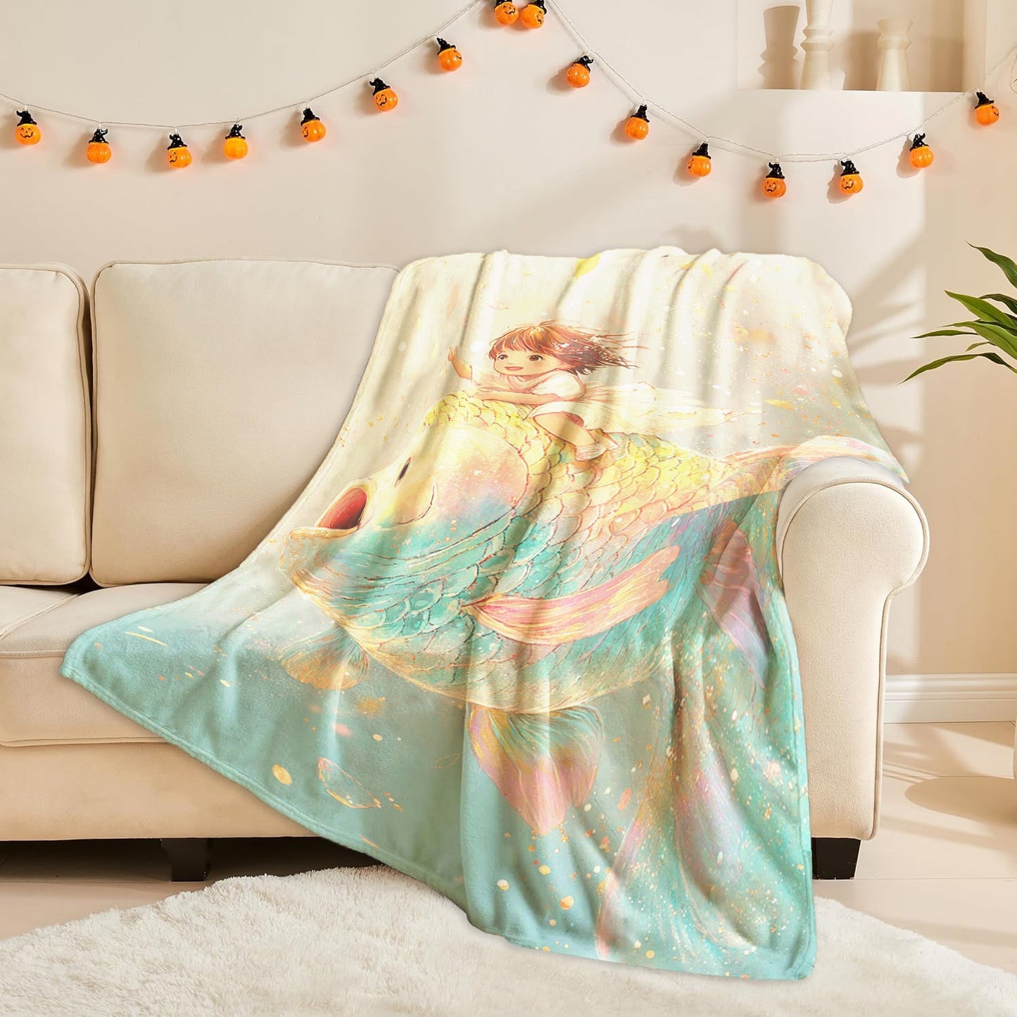 One piece of a fantasy themed fleece blanket featuring a digital print with mixed colors. The design showcases an enchanted little girl and goldfish. Made from knitted polyester, this blanket is soft and warm, suitable for all seasons. It is versatile