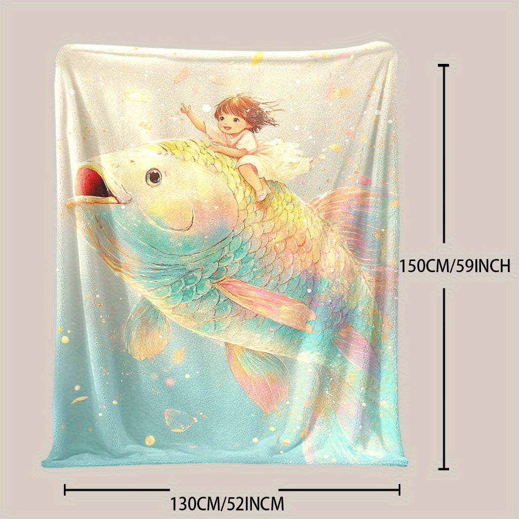 One piece of a fantasy themed fleece blanket featuring a digital print with mixed colors. The design showcases an enchanted little girl and goldfish. Made from knitted polyester, this blanket is soft and warm, suitable for all seasons. It is versatile