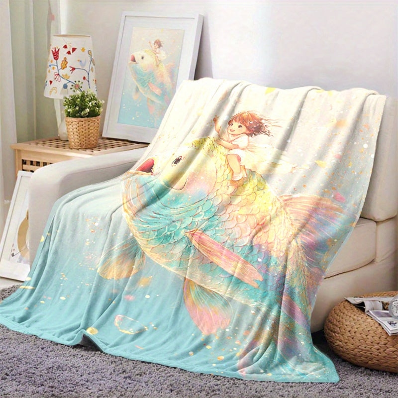 One piece of a fantasy themed fleece blanket featuring a digital print with mixed colors. The design showcases an enchanted little girl and goldfish. Made from knitted polyester, this blanket is soft and warm, suitable for all seasons. It is versatile